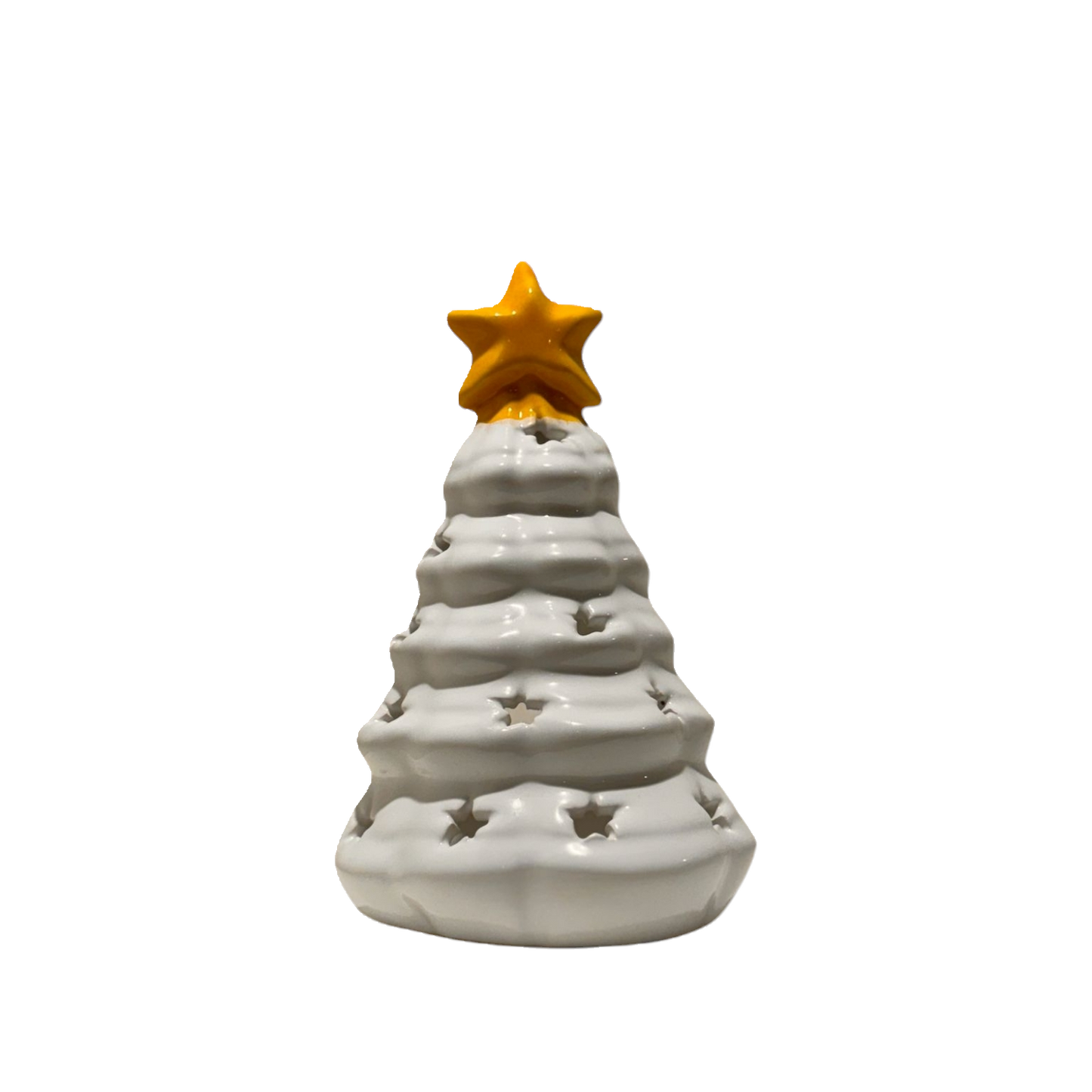 white ceramic candle holder shaped as a Christmas tree with a yellow star on the top