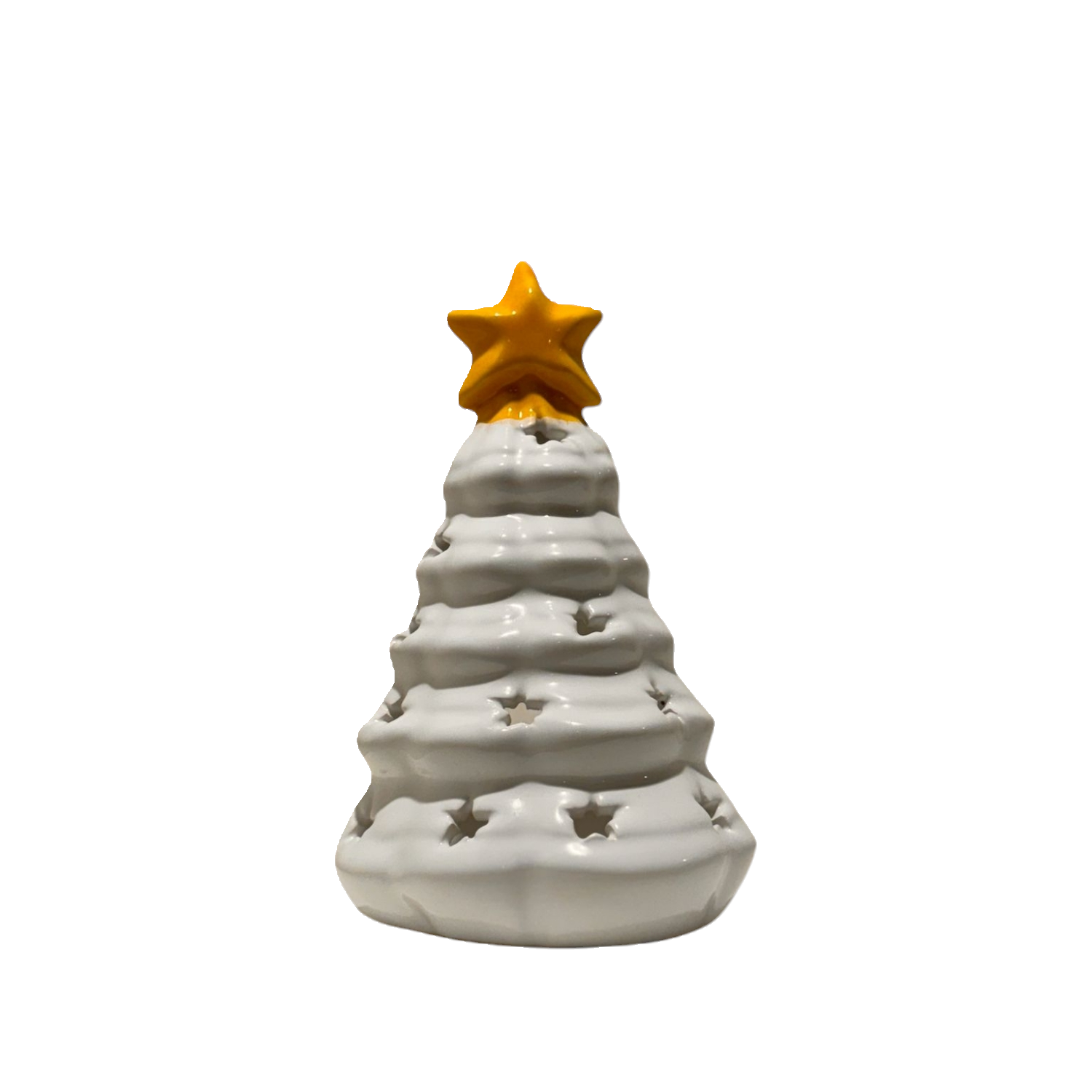 white ceramic candle holder shaped as a Christmas tree with a yellow star on the top